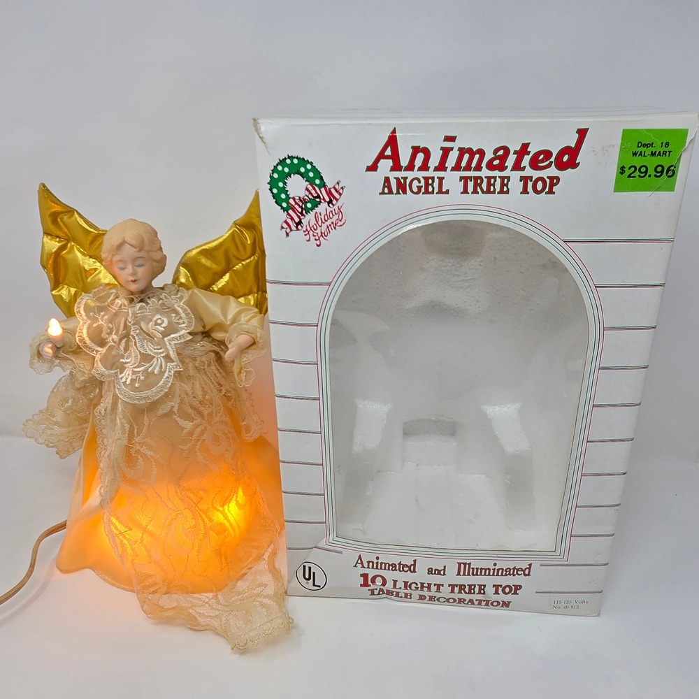Vintage Holiday Home Animated Illuminated Angel Tree Topper Gold Lace 10 Light